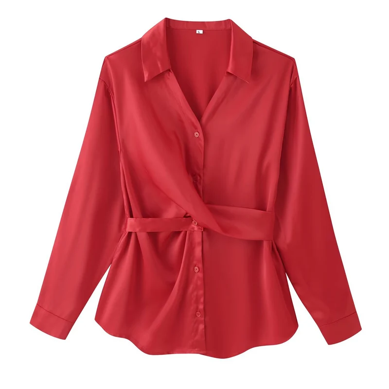 Damen Bluse mit Taillengürtel, V-Ausschnitt und langen Ärmeln Drune