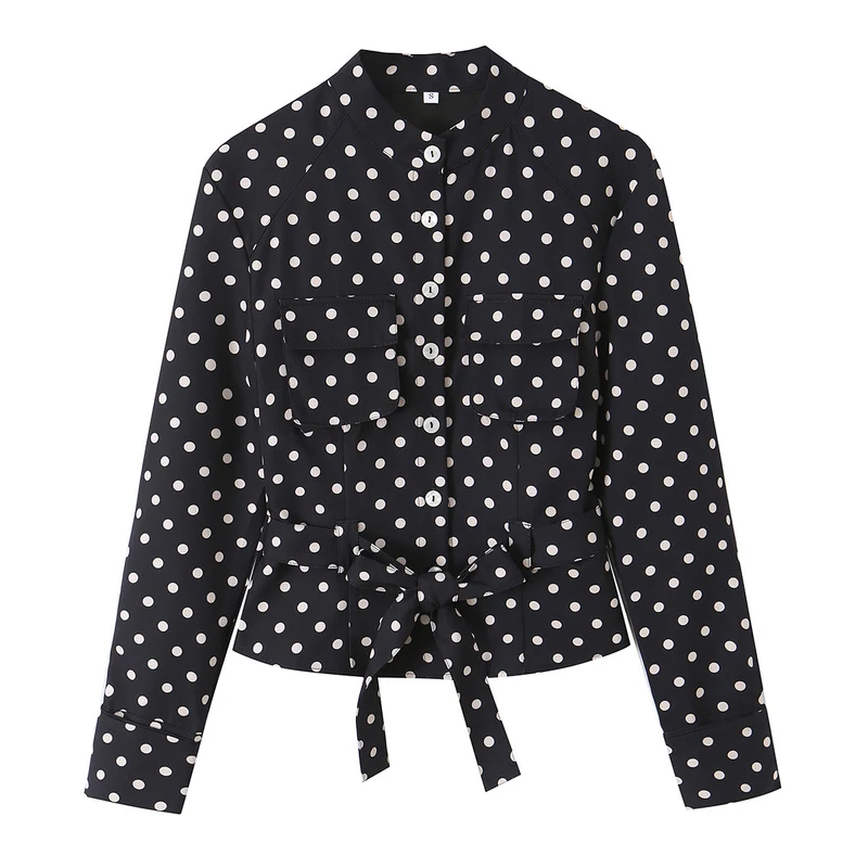 Damen Bluse mit Stehkragen, Taillengürtel und Brusttaschen Drune