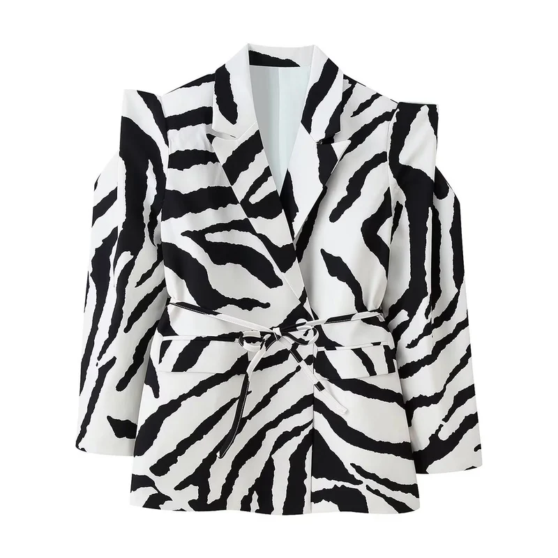 Damen Blazer mit Zebra-Print, tailliertem Bindegürtel und Cut-Out-Schultern Drune