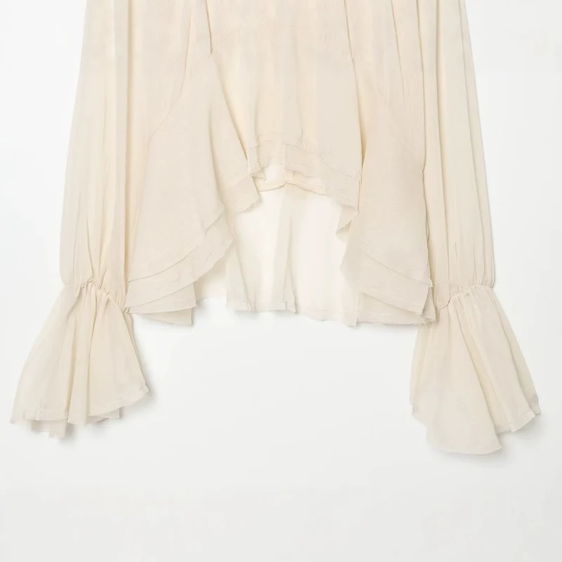 Damen Asymmetrische Volant-Bluse mit hohem Vorderteil, tiefem Rückteil und Trompetenärmeln Drune