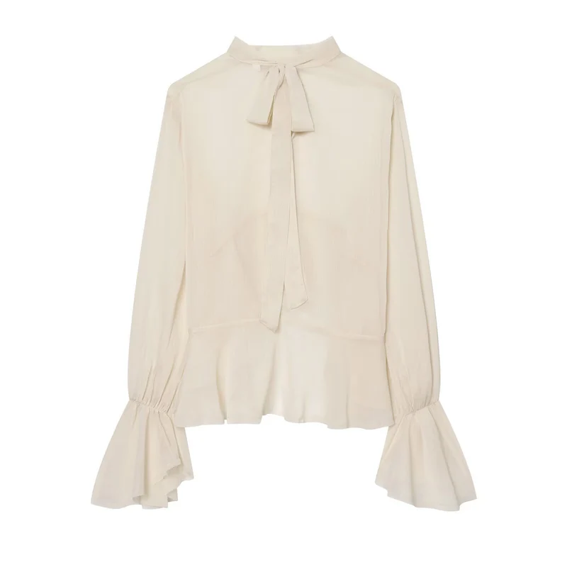 Damen Asymmetrische Volant-Bluse mit hohem Vorderteil, tiefem Rückteil und Trompetenärmeln Drune