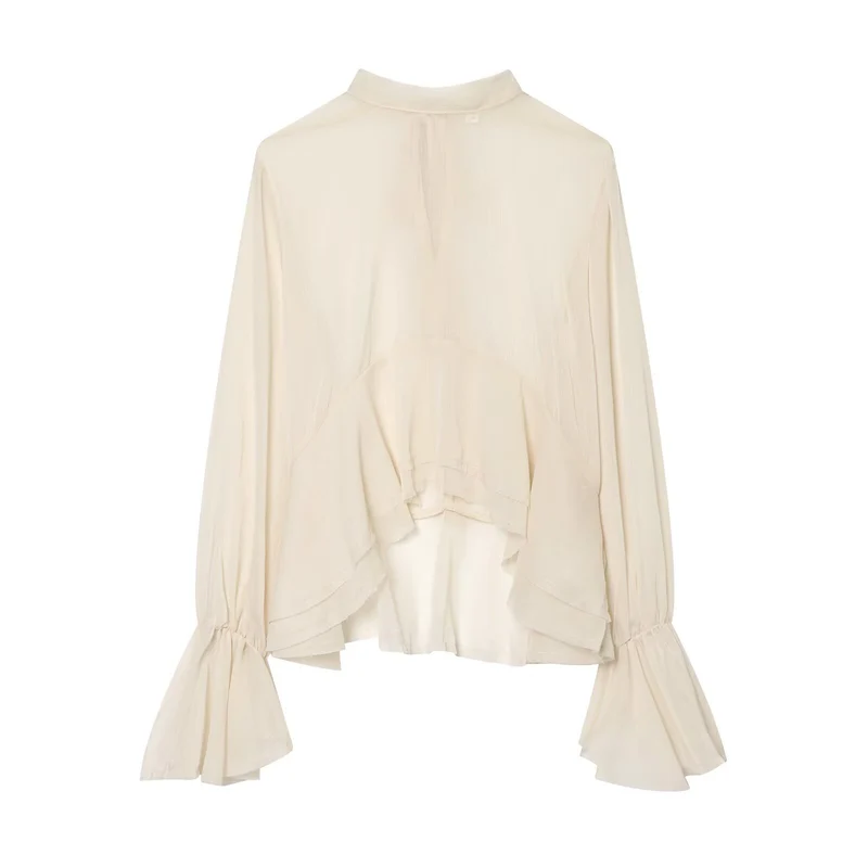 Damen Asymmetrische Volant-Bluse mit hohem Vorderteil, tiefem Rückteil und Trompetenärmeln Drune