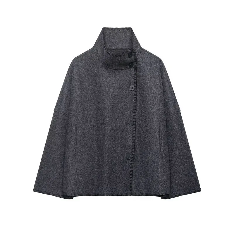 Damen Wollmix-Cape mit hohem Stehkragen, dekorativer Ziernaht und Knopfleiste Drune