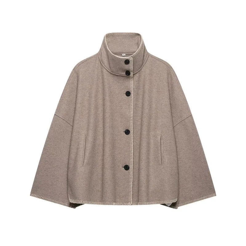 Damen Wollmix-Cape mit hohem Stehkragen, dekorativer Ziernaht und Knopfleiste Drune
