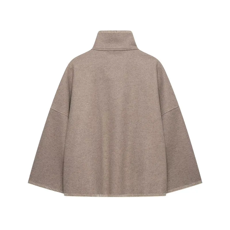 Damen Wollmix-Cape mit hohem Stehkragen, dekorativer Ziernaht und Knopfleiste Drune