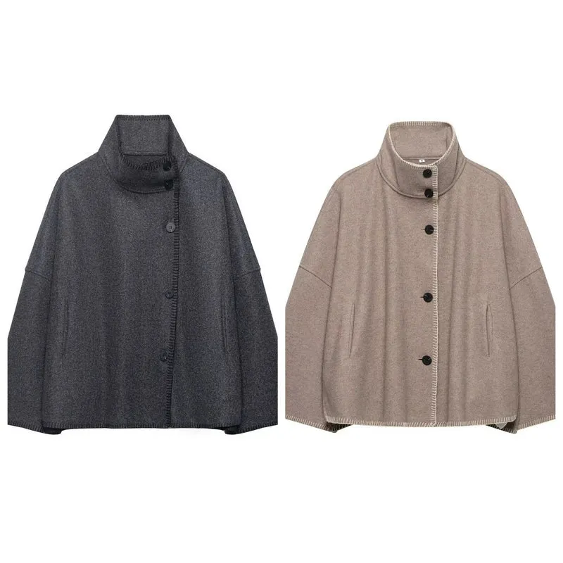 Damen Wollmix-Cape mit hohem Stehkragen, dekorativer Ziernaht und Knopfleiste Drune