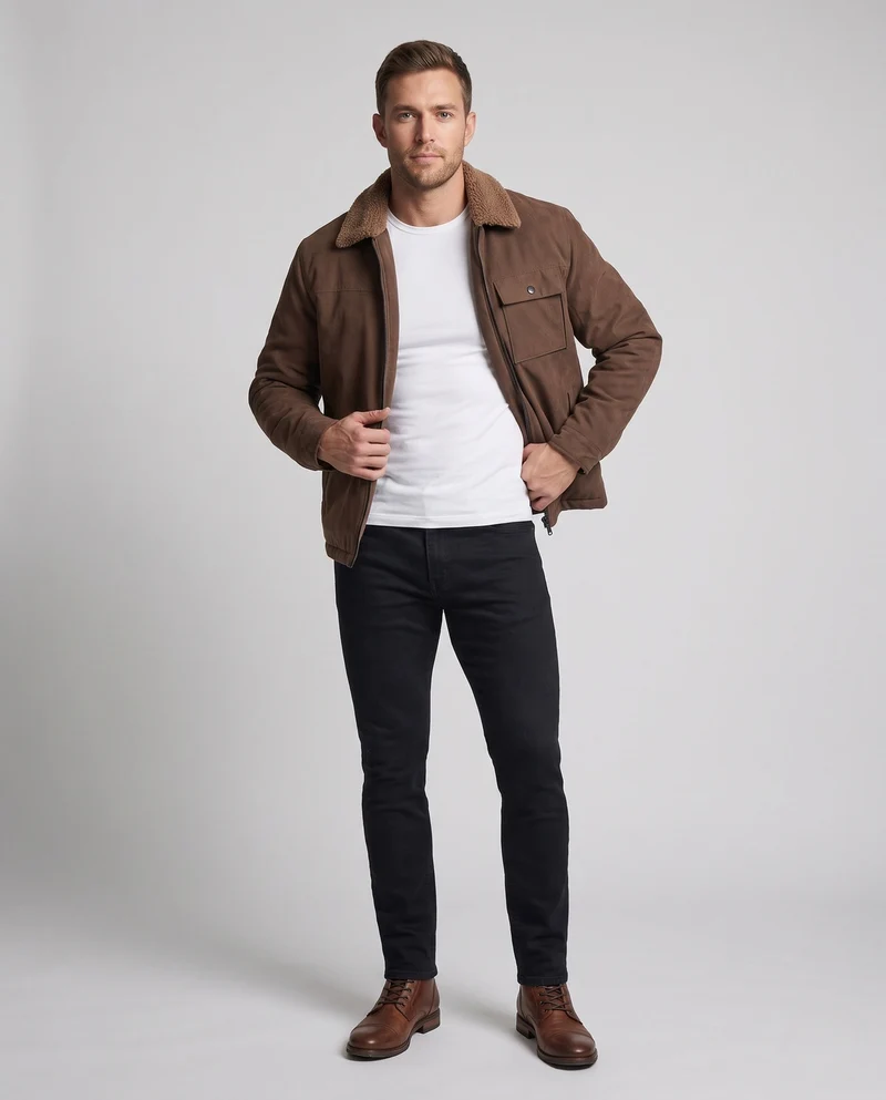 Herren Freizeit Wildlederjacke mit Teddy-Kragen Drune