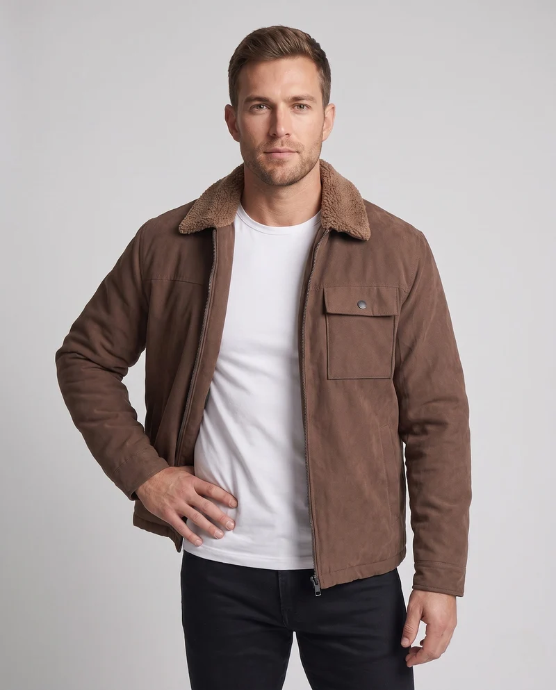 Herren Freizeit Wildlederjacke mit Teddy-Kragen Drune