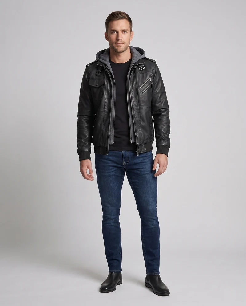 Herren Lederjacke mit Kapuze Drune