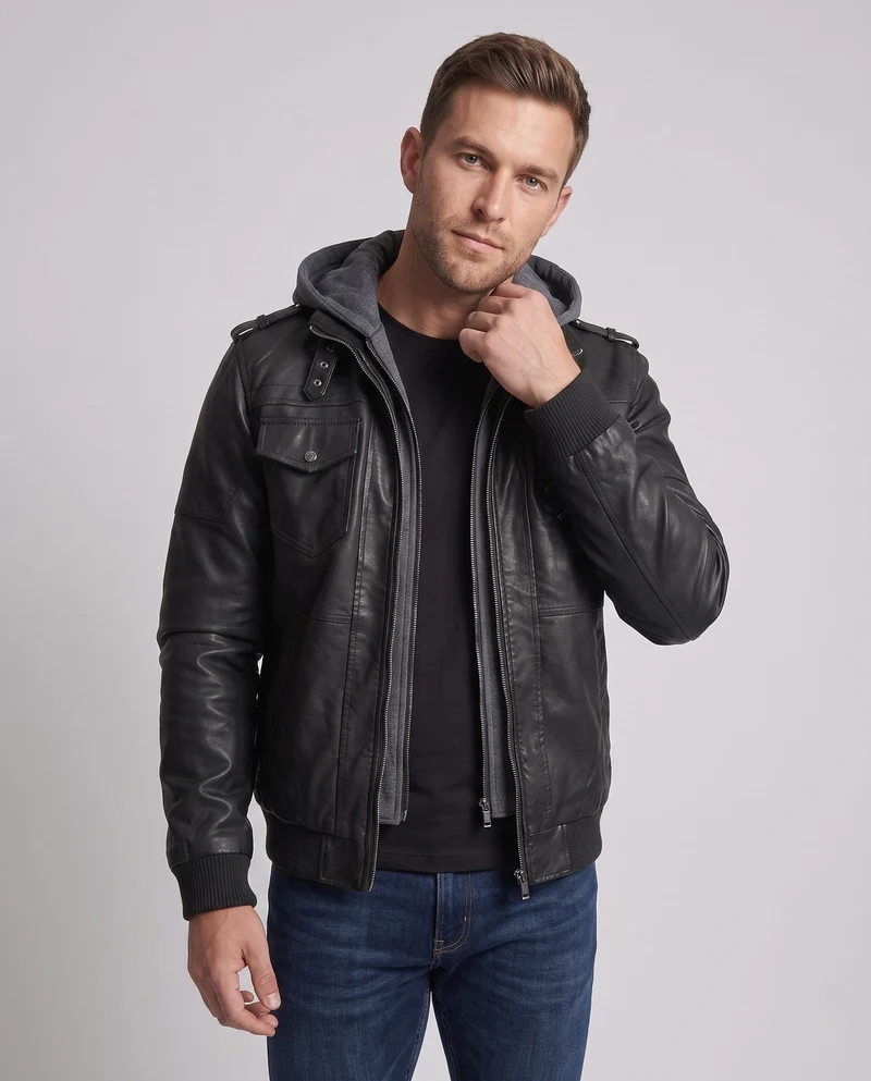 Herren Lederjacke mit Kapuze Drune