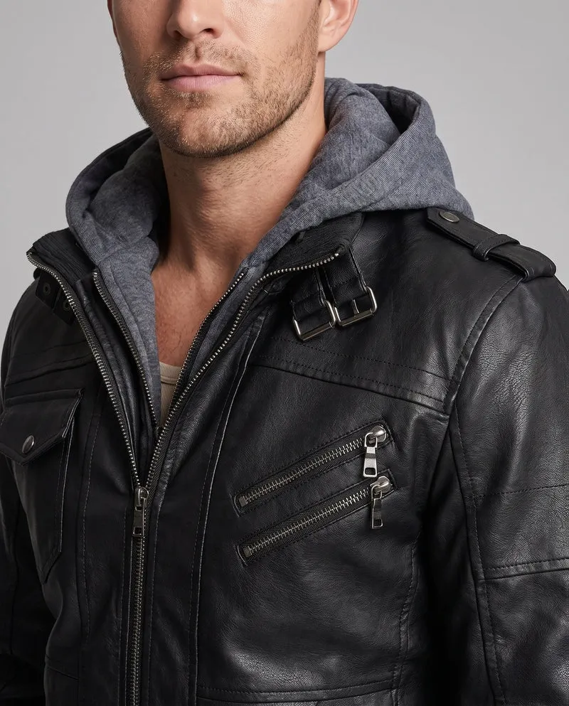 Herren Lederjacke mit Kapuze Drune