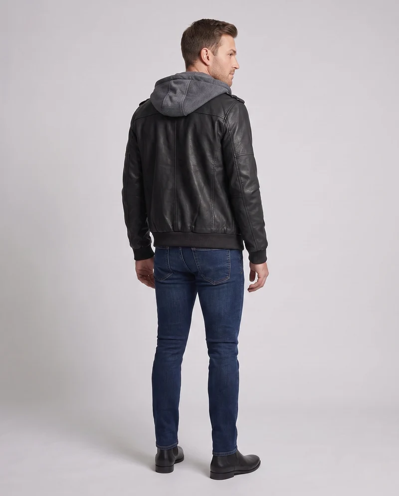 Herren Lederjacke mit Kapuze Drune