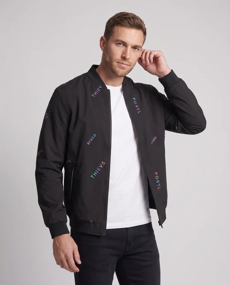 Herrenmode Bomberjacke mit bunten Schriftzügen Drune