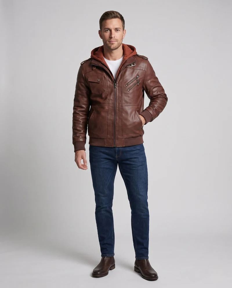 Herrenmode Kunstlederjacke mit abnehmbarer Kapuze Drune