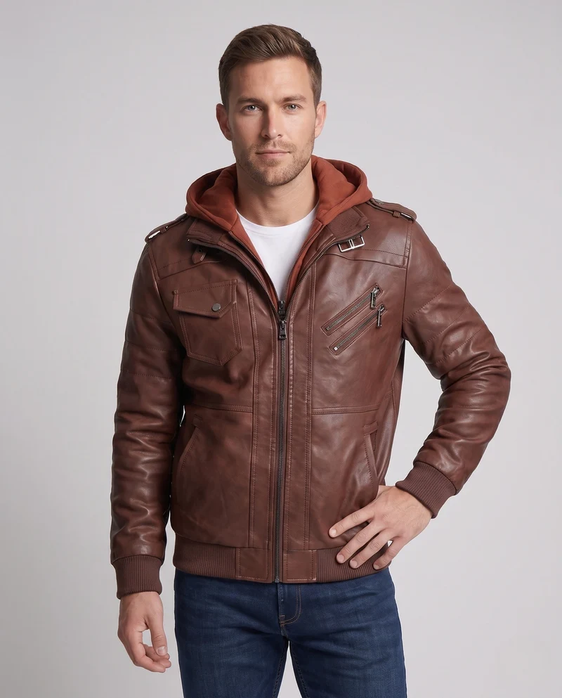 Herrenmode Kunstlederjacke mit abnehmbarer Kapuze Drune
