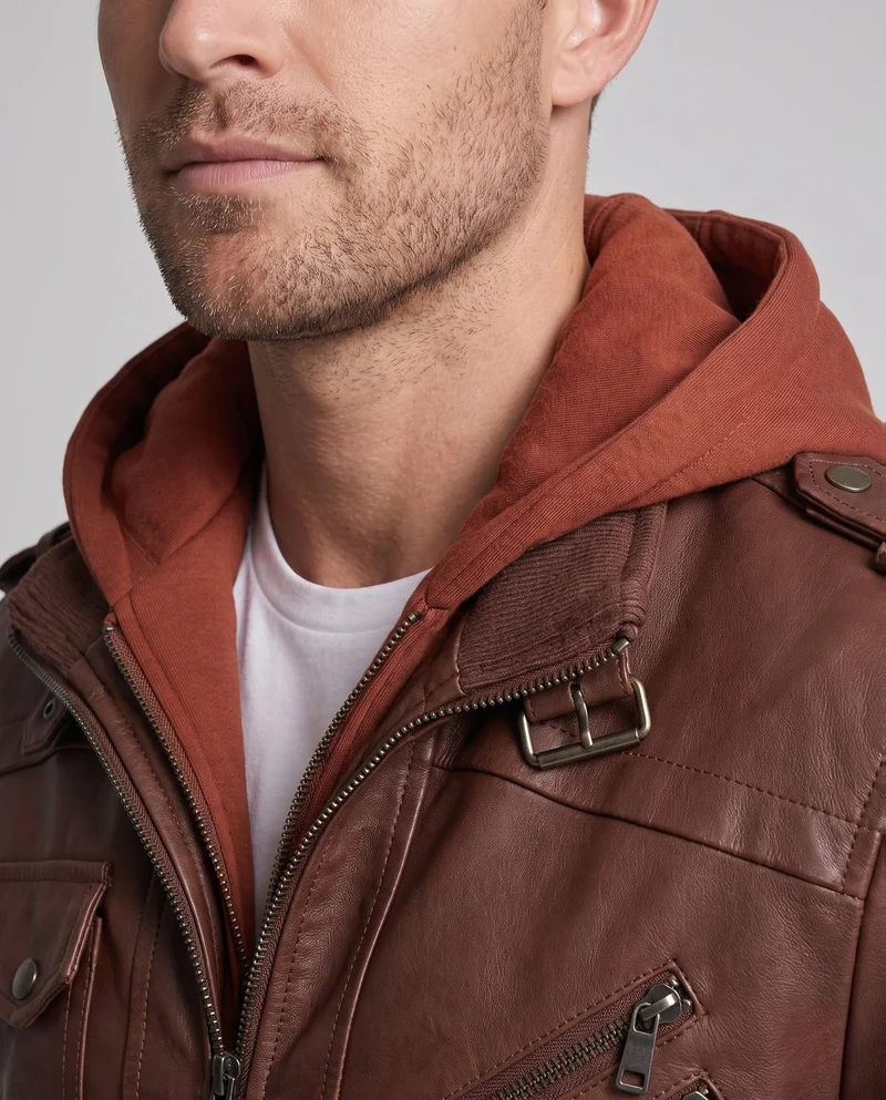 Herrenmode Kunstlederjacke mit abnehmbarer Kapuze Drune