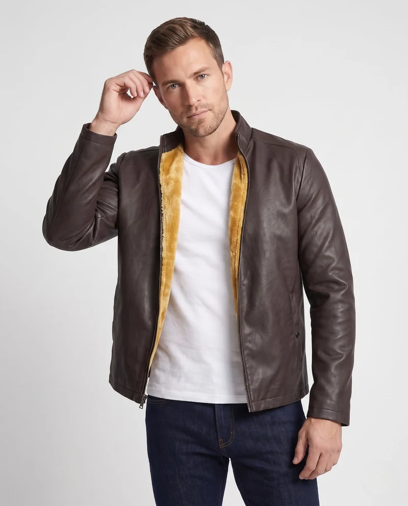 Männermode Kunstlederjacke mit Teddyfutter Drune