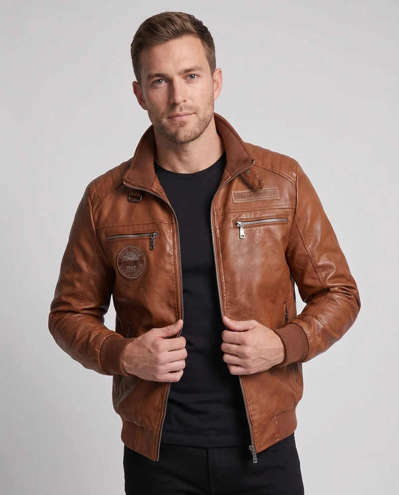 Herren Stilvolle Lederjacke mit Hohem Kragen Drune