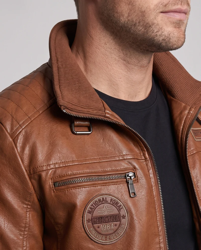 Herren Stilvolle Lederjacke mit Hohem Kragen Drune