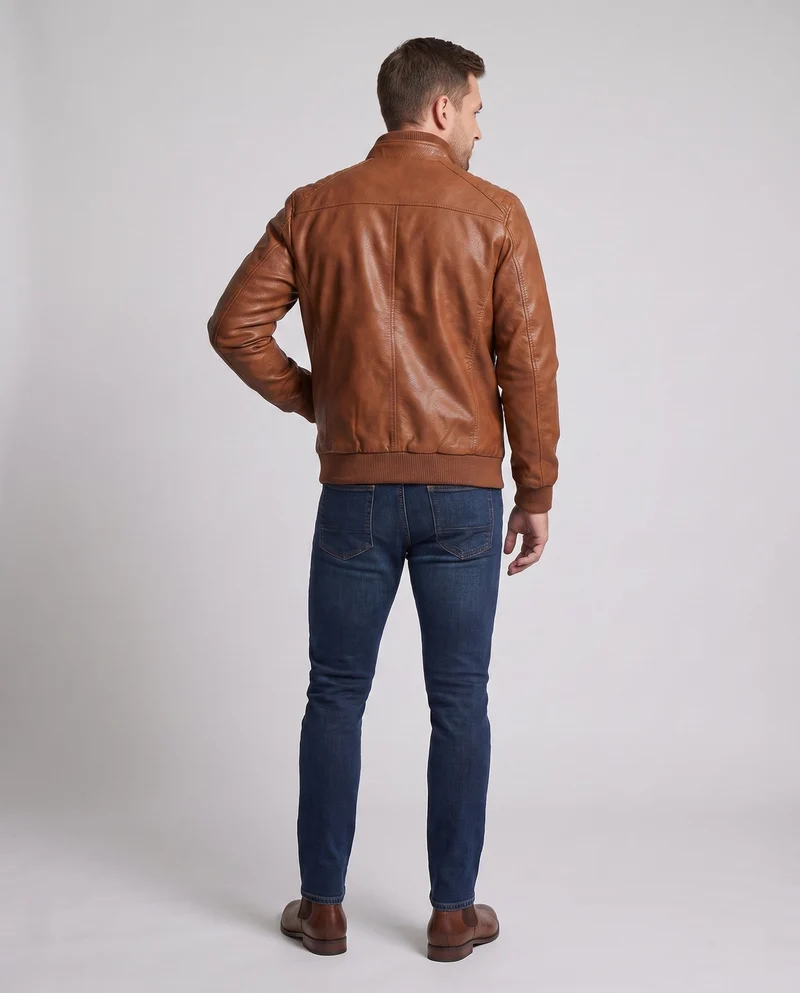 Herren Stilvolle Lederjacke mit Hohem Kragen Drune
