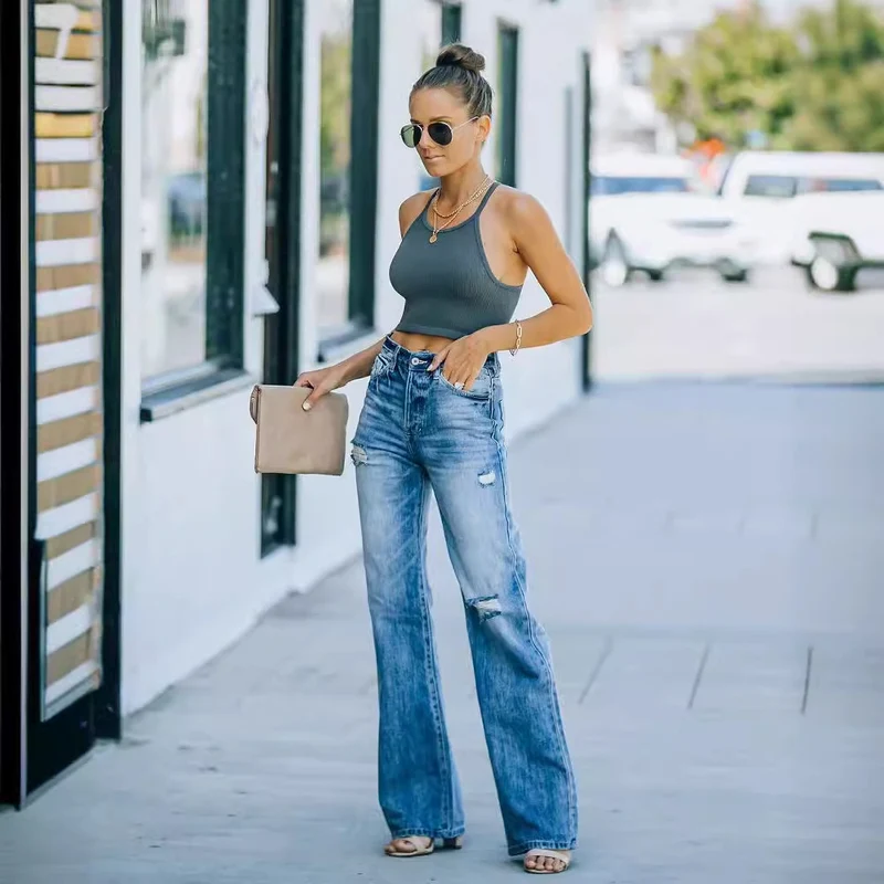 Damen lässige High-Waist Jeans mit weitem Bein Drune