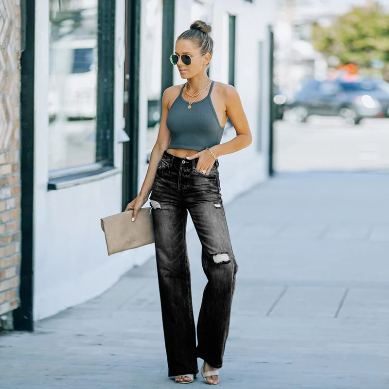 Damen lässige High-Waist Jeans mit weitem Bein Drune