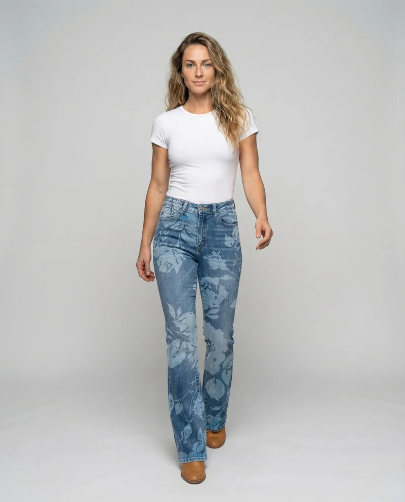 Damen Schlagjeans mit floralem Bleicheffekt