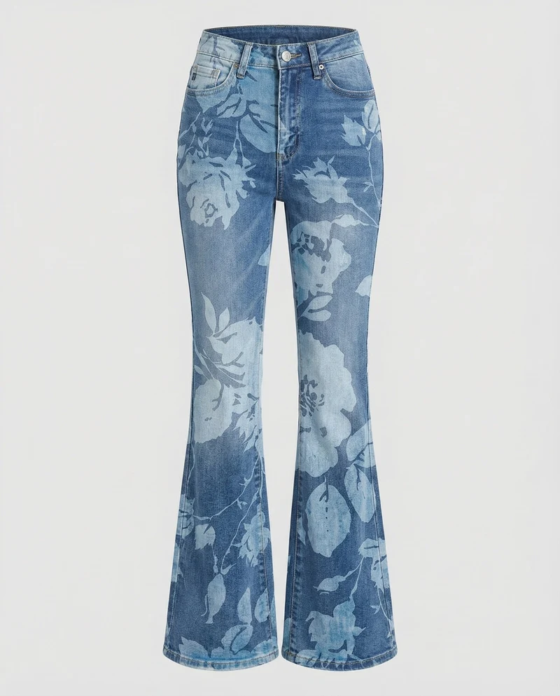 Damen Schlagjeans mit floralem Bleicheffekt