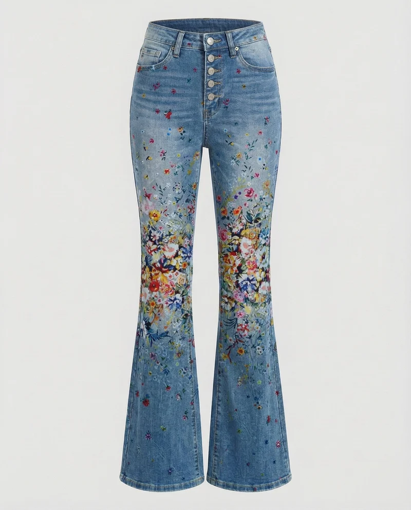 Damen Schlagjeans mit floralem Bleicheffekt