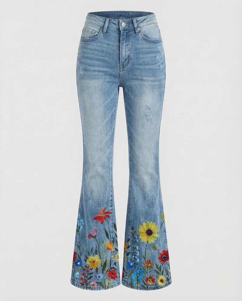 Damen Schlagjeans mit floralem Bleicheffekt