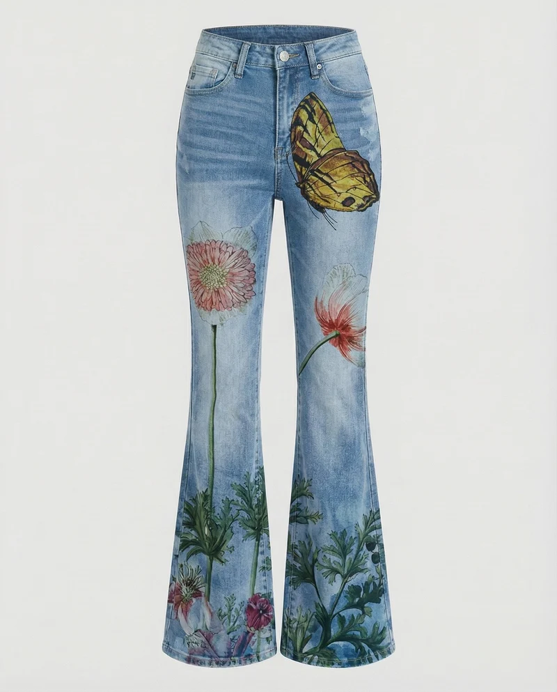 Damen Schlagjeans mit floralem Bleicheffekt
