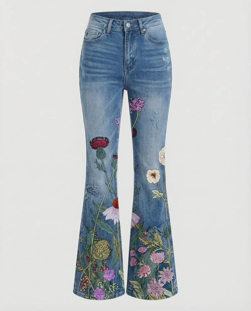 Damen Schlagjeans mit floralem Bleicheffekt