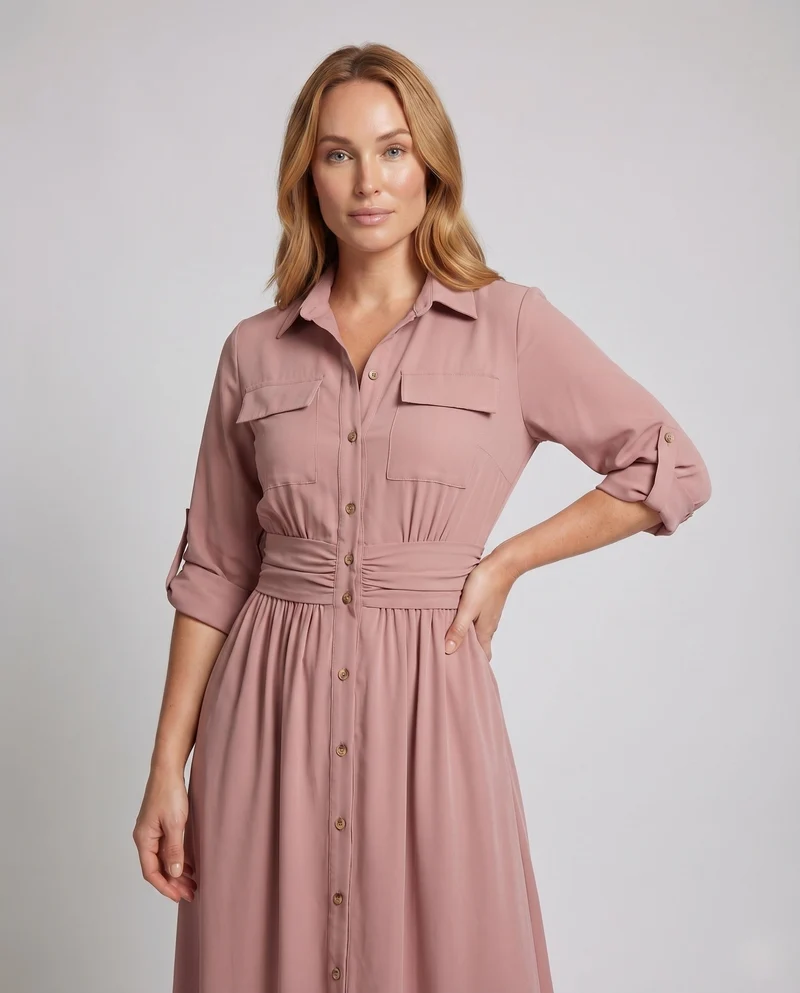 Damen Hemdblusen-Maxikleid Knopfleiste Bindegürtel Fließend