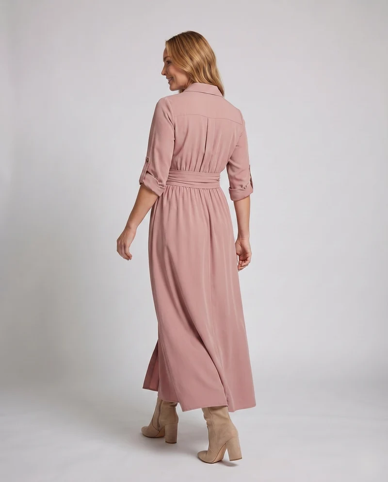 Damen Hemdblusen-Maxikleid Knopfleiste Bindegürtel Fließend