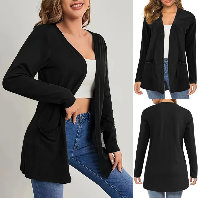 Damen Langer Offener Feinstrickcardigan mit Eingrifftaschen und dezentem V‑Ausschnitt Drune