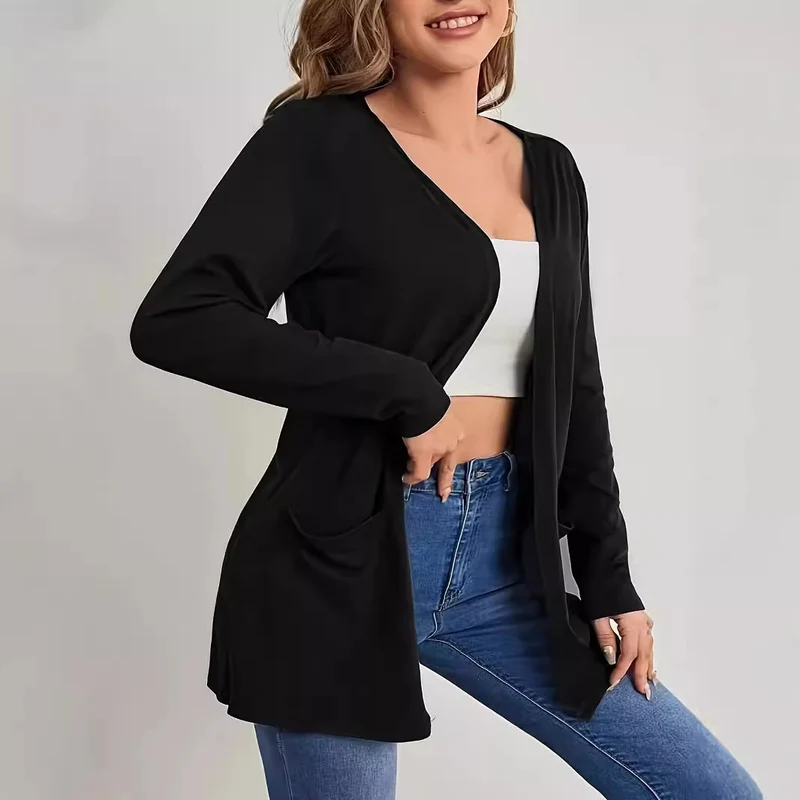 Damen Langer Offener Feinstrickcardigan mit Eingrifftaschen und dezentem V‑Ausschnitt Drune