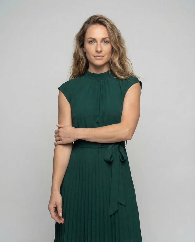 Damen Midikleid Plissee Gürtel Rundhals