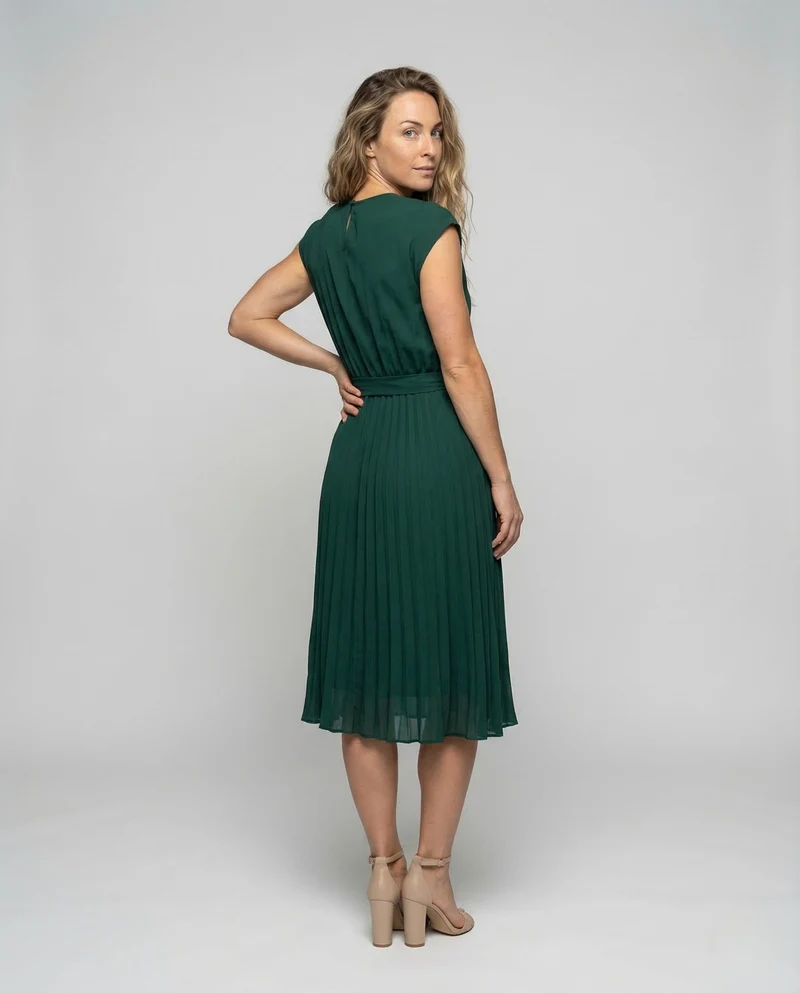Damen Midikleid Plissee Gürtel Rundhals
