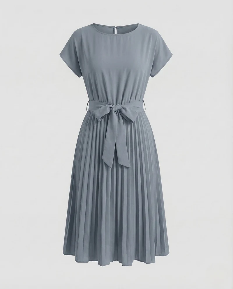 Damen Midikleid Plissee Gürtel Rundhals