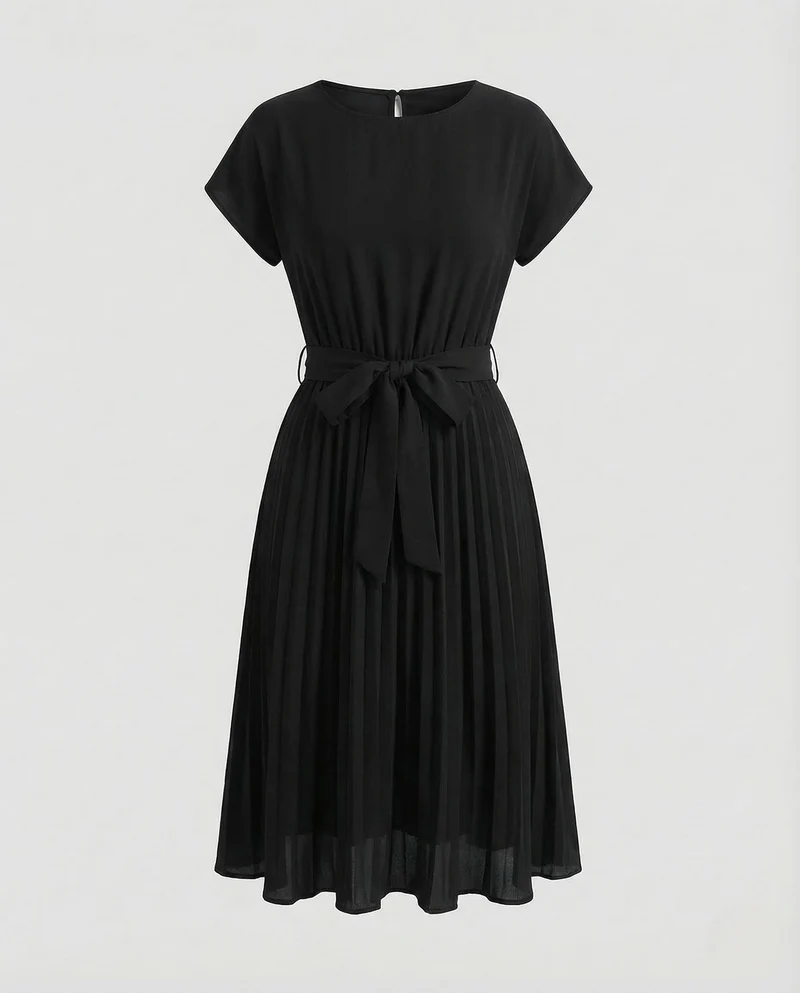 Damen Midikleid Plissee Gürtel Rundhals