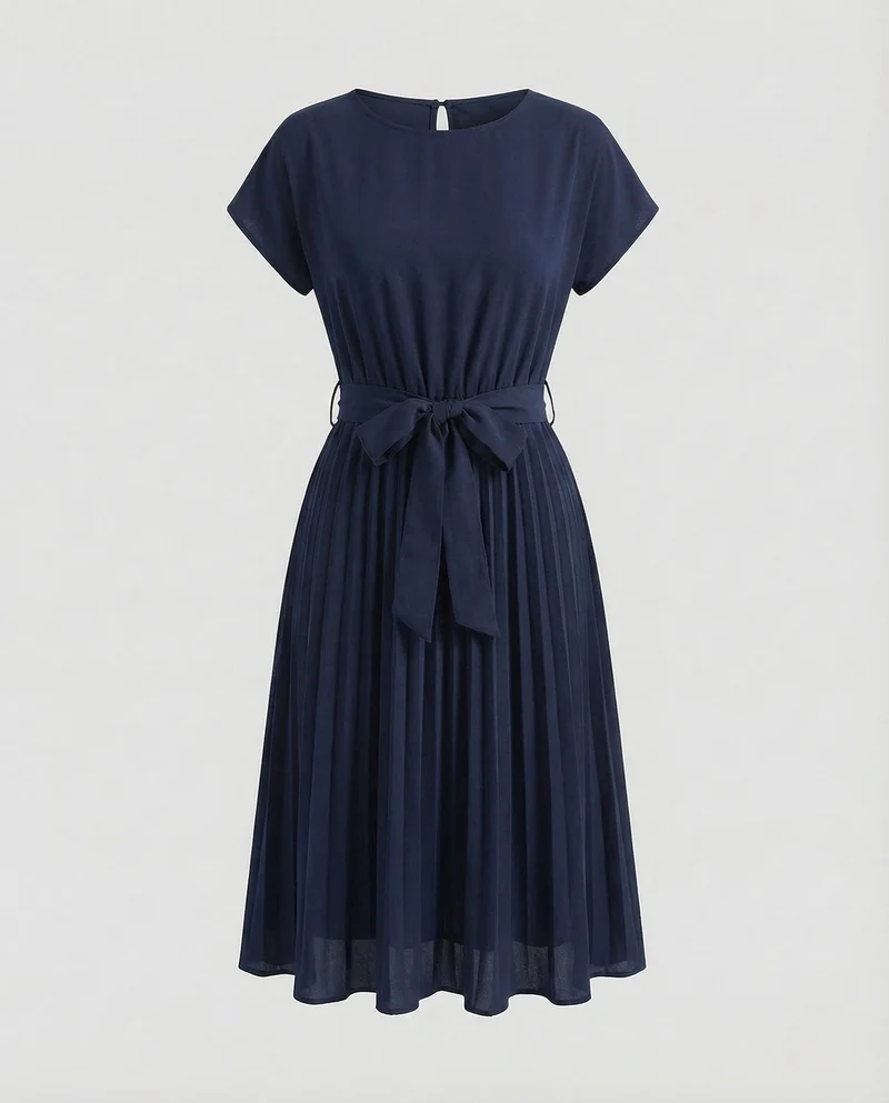 Damen Midikleid Plissee Gürtel Rundhals