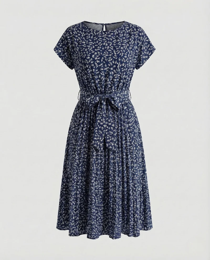 Damen Midikleid Plissee Gürtel Rundhals