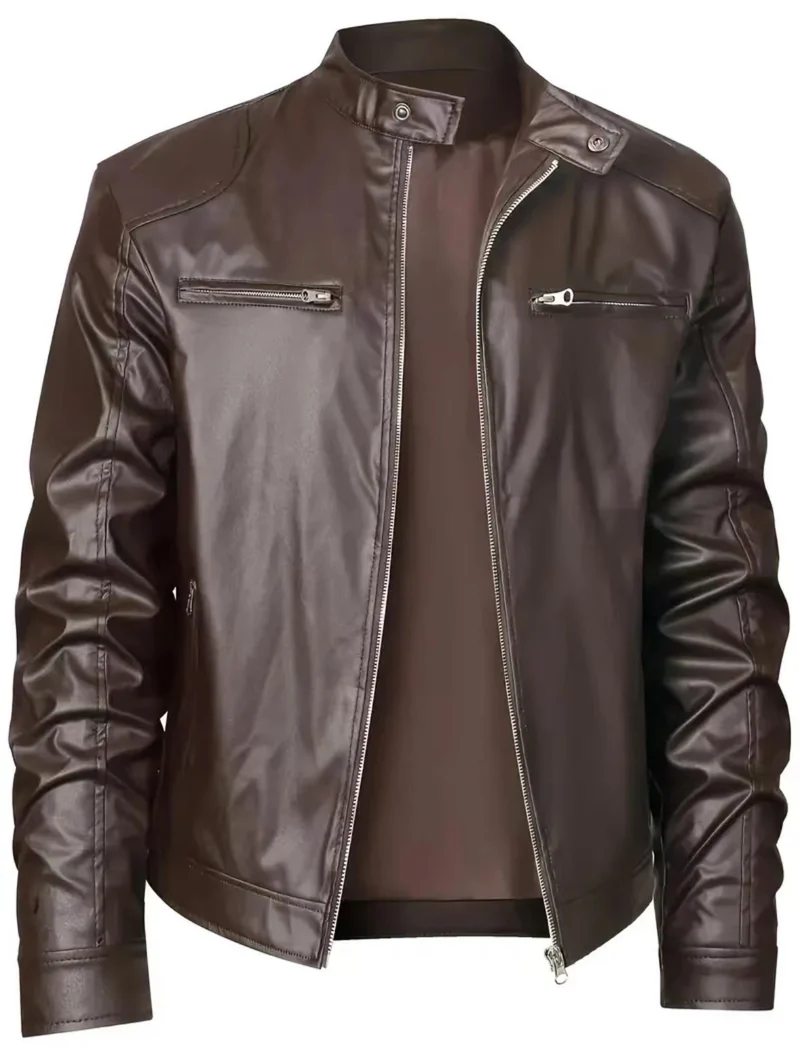 Herren nan schlanke Kunstleder-Bikerjacke mit Stehkragen, durchgehendem Reißverschluss und zwei Brusttaschen Drune