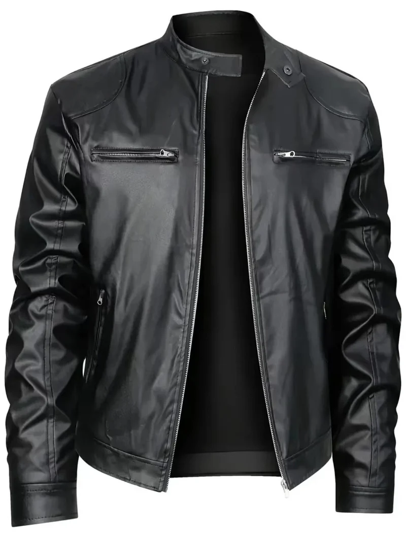Herren nan schlanke Kunstleder-Bikerjacke mit Stehkragen, durchgehendem Reißverschluss und zwei Brusttaschen Drune