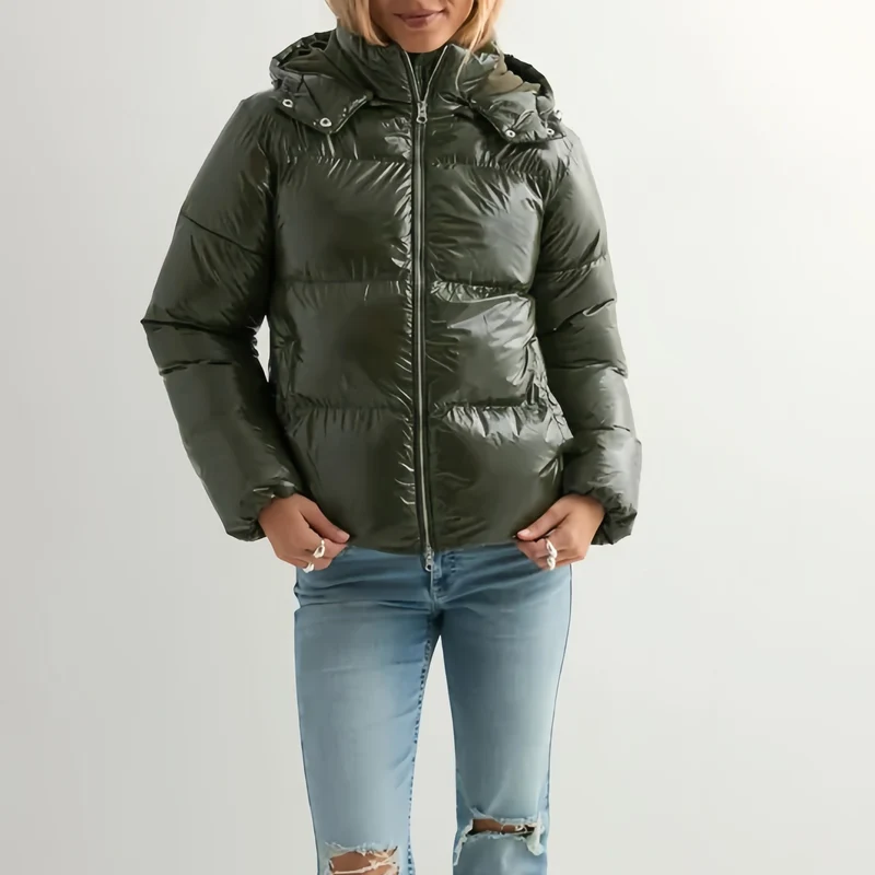 Damen Modische Hochglanz-Steppjacke mit Kapuze