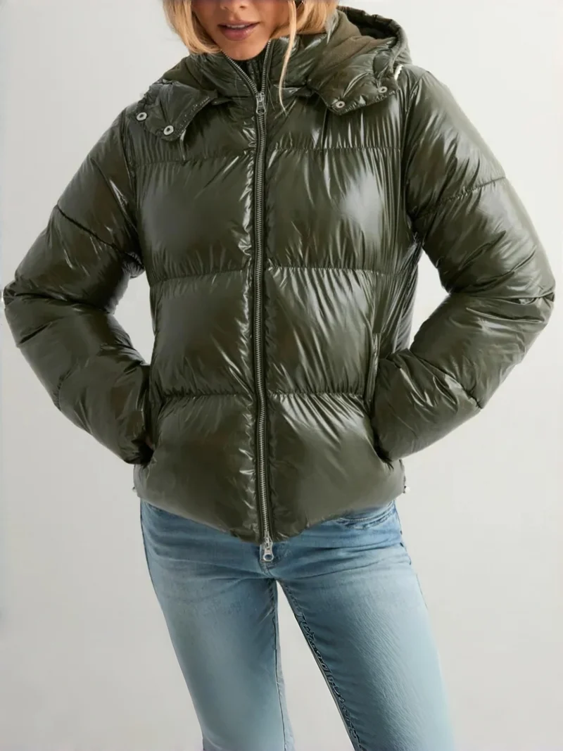 Damen Modische Hochglanz-Steppjacke mit Kapuze