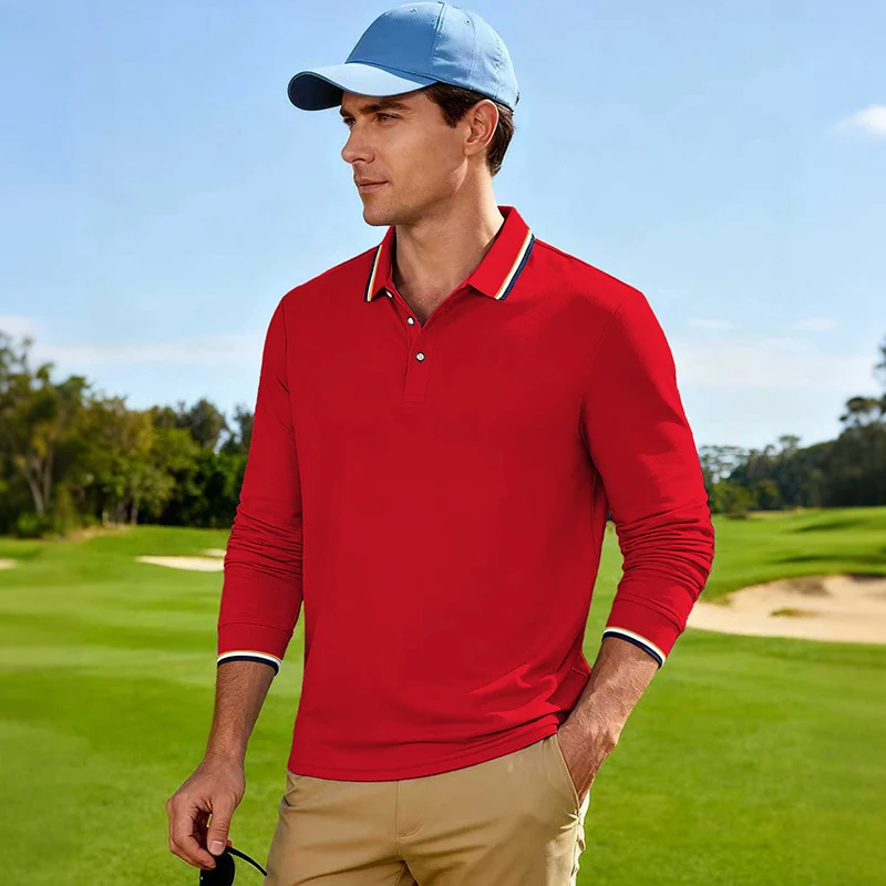 Herren Golf-Performance-Poloshirt langärmlig atmungsaktiv mit Kontrastkragen Drune