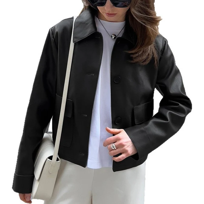 Damen Modische Lederjacke im eleganten Cropped-Schnitt mit praktischen Taschen Drune