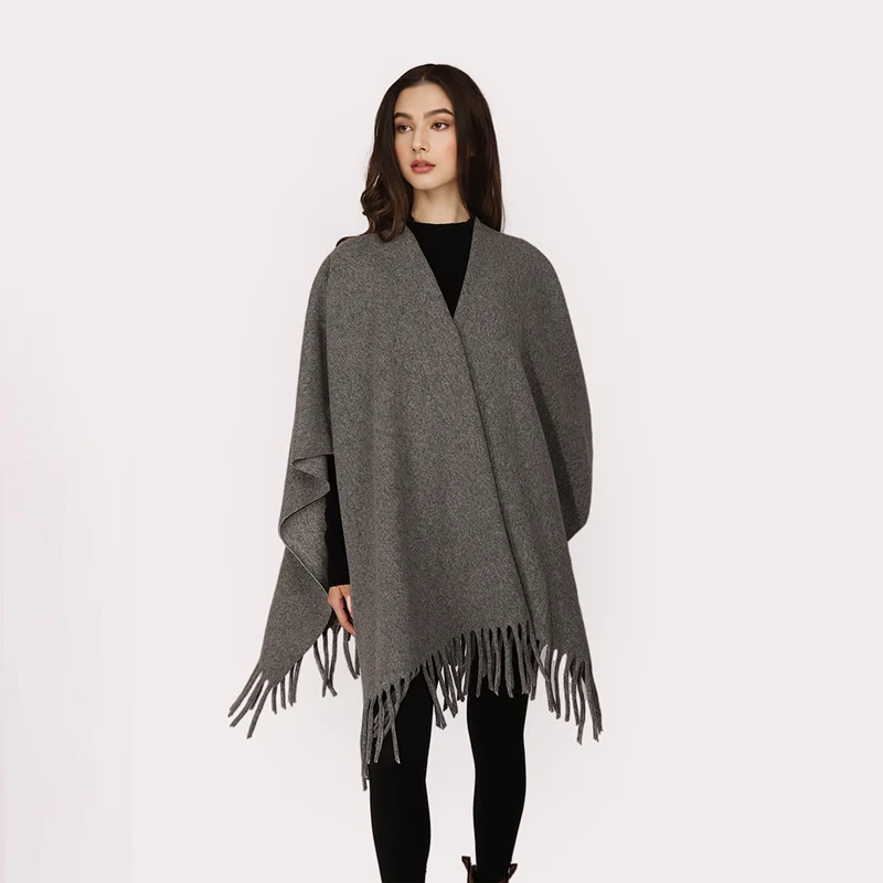 Damen Kaschmir‑Optik Capeponcho mit Fransen und offenem Oversize‑Schnitt Drune