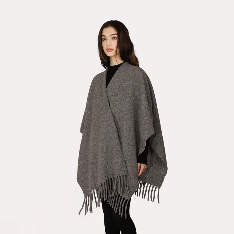 Damen Kaschmir‑Optik Capeponcho mit Fransen und offenem Oversize‑Schnitt Drune